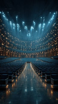 Modern concert hall interior illuminated with soft blue lights before a performance at dusk photo