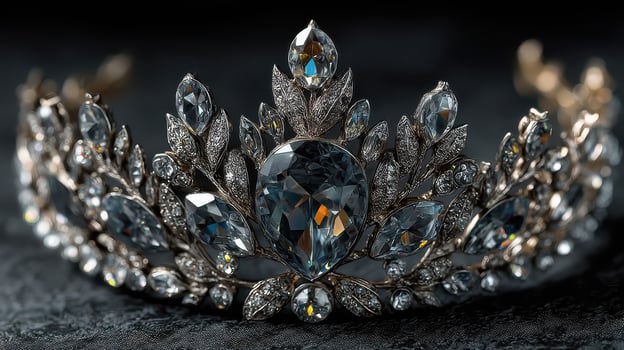 Exquisite silver tiara adorned with intricate gemstones displayed on a dark velvet surface during a jewelry exhibition photo