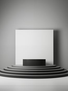 Elegant black circular podium with steps against a white backdrop ideal for product display or presentations photo