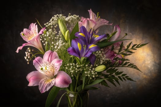 A stunning bouquet of lilies and irises in a glass vase, a colorful floral display. photo