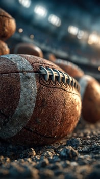 Weathered football resting on the ground in a sports venue illuminated by soft evening light photo