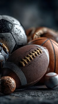 Various sports balls including a football, baseball, basketball, and soccer ball arranged on a textured surface photo