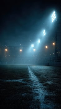 Nighttime view of a stadium field illuminated by high-intensity lights during a silent moment prior to a big match photo