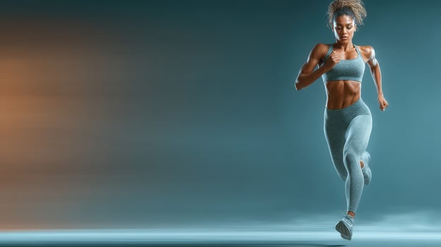 Athlete runs swiftly in a dynamic training session with vibrant lighting effects in a fitness studio photo