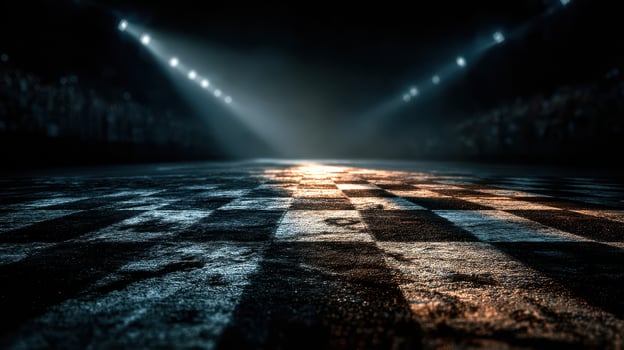 Dramatic lighting creates an intense atmosphere on a racing track during a nighttime event photo