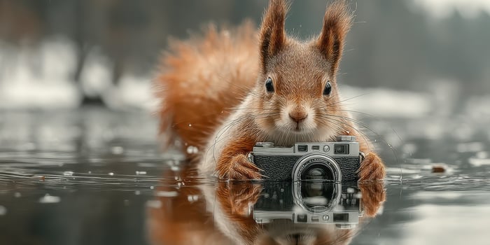 Squirrel holds a vintage camera while floating on water in a forest setting during a calm autumn day photo
