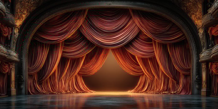 Dramatic stage curtains reveal a captivating performance setting in a historic theater during a vibrant evening show photo