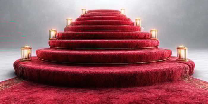 Elegant red carpet steps adorned with glowing lanterns creating a luxurious atmosphere in a dimly lit setting photo