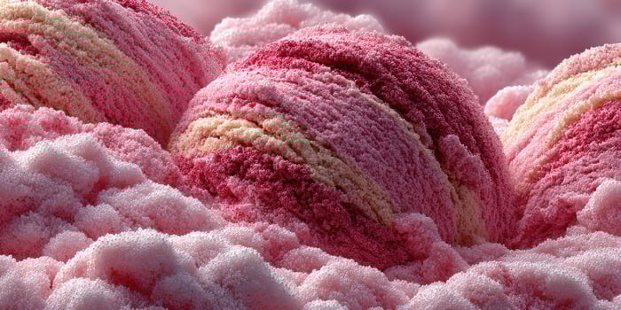 Colorful textured masses resembling ice cream scoops set against a soft pink marshmallow backdrop in a whimsical dessert landscape photo