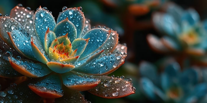 Close-up of a vibrant succulent plant with water droplets after a rain shower in a lush garden photo