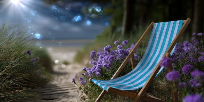 Relaxing beach chair beside vibrant purple flowers in a serene outdoor setting during golden hour photo