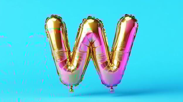 Colorful gold and pink foil balloon shaped like the letter W, floating against a bright blue background, perfect for celebrations and festive occasions photo