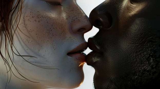 Close-up of an african american man and a caucasian woman sharing an intimate kiss, showcasing their facial features and emotions in a soft, romantic atmosphere with warm lighting photo
