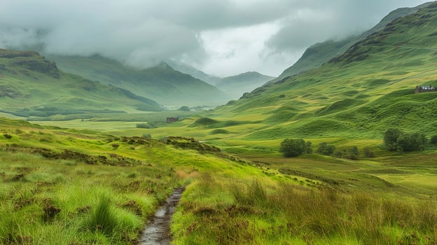 Lush green valley landscape with rolling hills and misty mountains in the background, showcasing the beauty of nature and serene outdoor environment photo