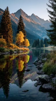 Serene autumn morning with golden trees and mountain reflections in a tranquil lake setting photo