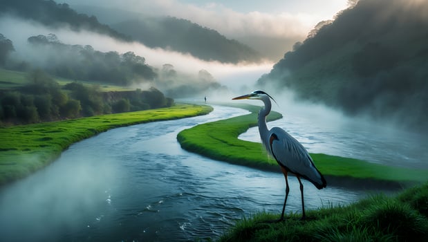 Great Blue Heron on River with Fog and Mountain photo