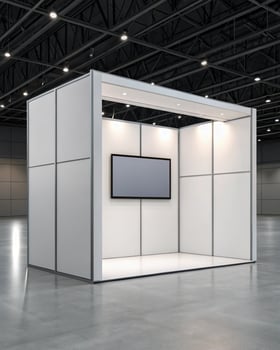White exhibition stand with a tv screen photo