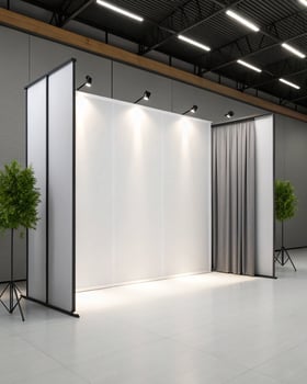 A large white and black booth with curtains photo