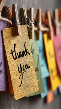 Colorful thank you notes displayed on a string with clothespins in a cozy indoor setting photo