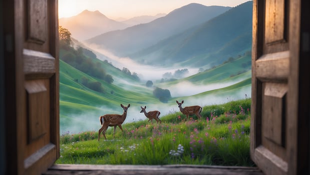 Deer in Mountain Meadow View From Open Door photo