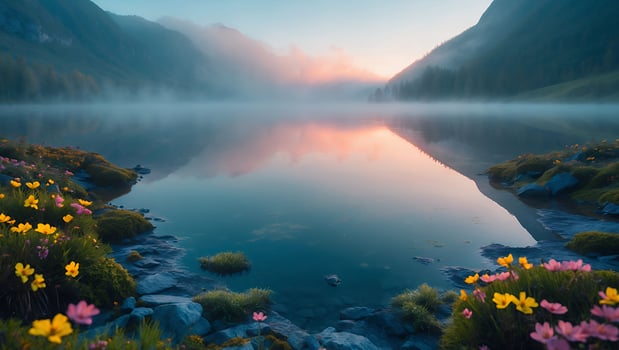 Foggy Lake at Sunrise Reflecting Mountains and Flowers photo