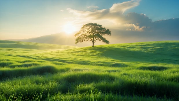 Tree on Grassy Hill at Sunrise photo