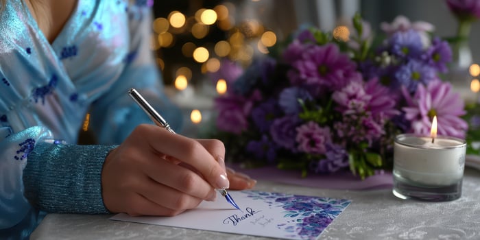 Writing a thank you note with a flower bouquet and candle at a cozy indoor setting during a festive evening photo