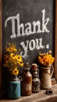 Vintage decor featuring a thank you message with flowers and bottles in a cozy setting photo