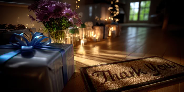 Gifts and gratitude displayed in a cozy living room with flowers and soft lighting photo