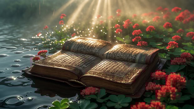 Open Book Floats on Water Among Red Clover Flowers photo