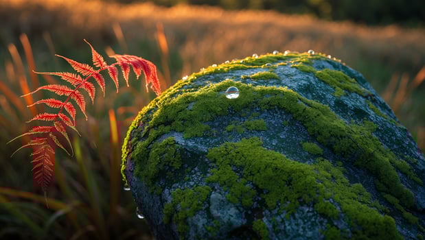 A red fern leaf sits on a rock in the grass photo