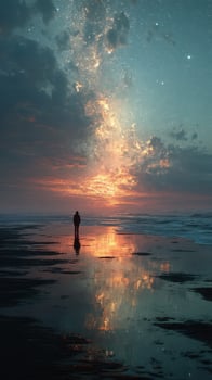 Stunning sunset at the beach with a lone figure reflecting on the water's surface under a starry sky photo
