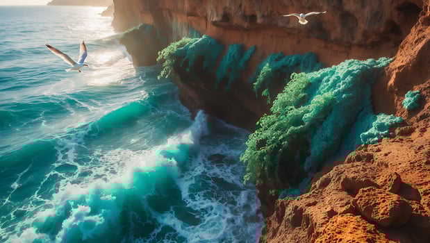 Seagull Flying Over Turquoise Ocean with Cliffs and Vegetation photo