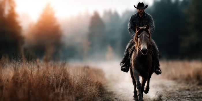 Cowboy riding horse through misty forest trail at sunrise in rural wilderness photo