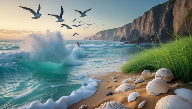 Seagulls Flying Over Wave on Sandy Beach with Shells photo