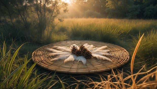 Feathers and Pine Cones on a Woven Mat in Nature photo