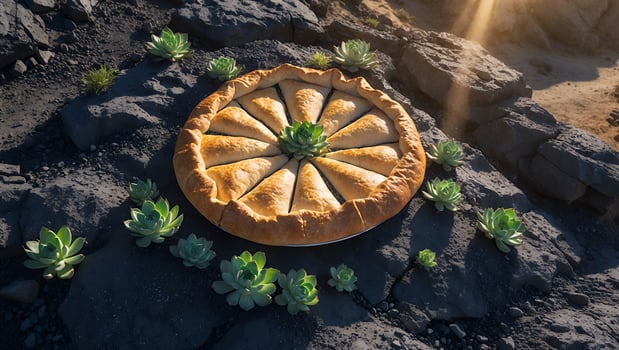 Large Pie Sits Among Succulent Plants and Rocks photo
