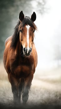 Brown horse walking through misty landscape in early morning light on rural farmland photo