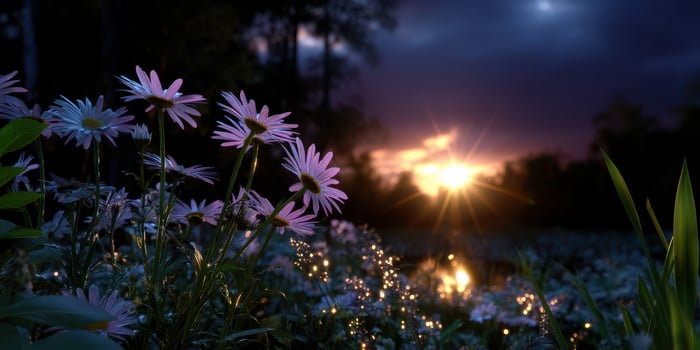 Sunset over a tranquil garden with blooming flowers and soft light reflecting on water photo
