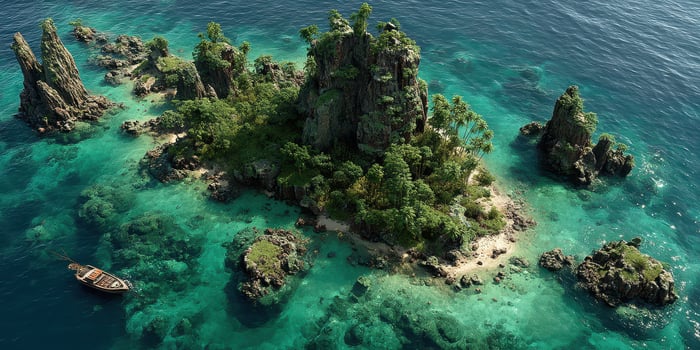 Serene tropical island surrounded by clear blue waters and rocky formations under bright sunlight photo