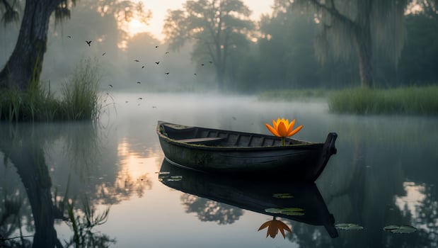 Boat with Lotus on Misty Lake at Sunrise photo