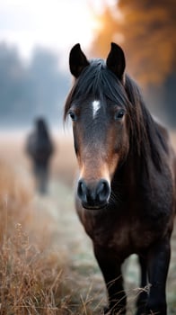 Close encounter with a horse in a tranquil autumn setting at dawn during an outdoor walk photo