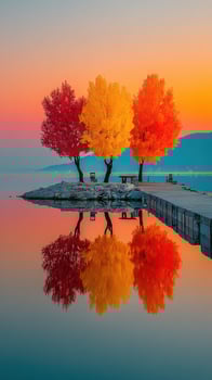 Colorful autumn trees reflect on calm lake at sunset near serene wooden pier in peaceful rural setting photo