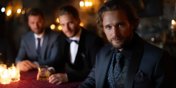 Elegant gathering of men in formal attire at a candlelit event in a luxurious setting photo