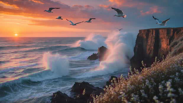 Seagulls Fly Over Ocean Waves Crashing on Cliffs at Sunset photo