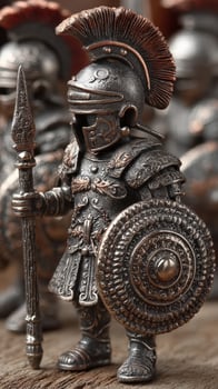 Detailed metal warrior figurine stands with spear and shield, showcasing intricate craftsmanship and historical design elements in a close-up view photo