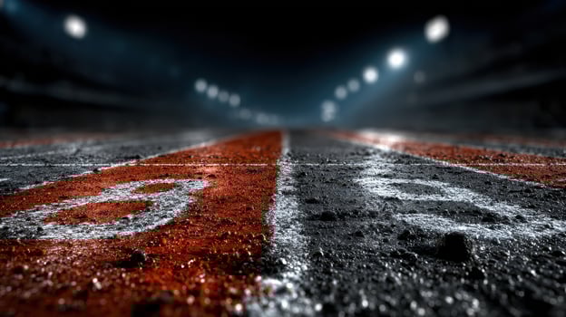 Track surface illuminated by stadium lights displaying start line for a race at night in a competitive sports setting photo