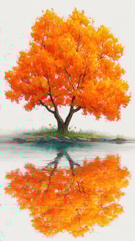 Stunning orange tree reflects in tranquil water on a serene autumn day photo