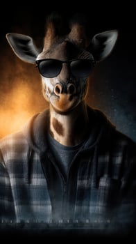 Giraffe wearing sunglasses and a hoodie in a dramatic urban setting at night photo