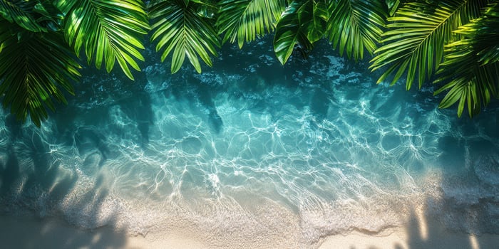 Serene tropical beach with crystal clear water and vibrant palm leaves during midday sun photo